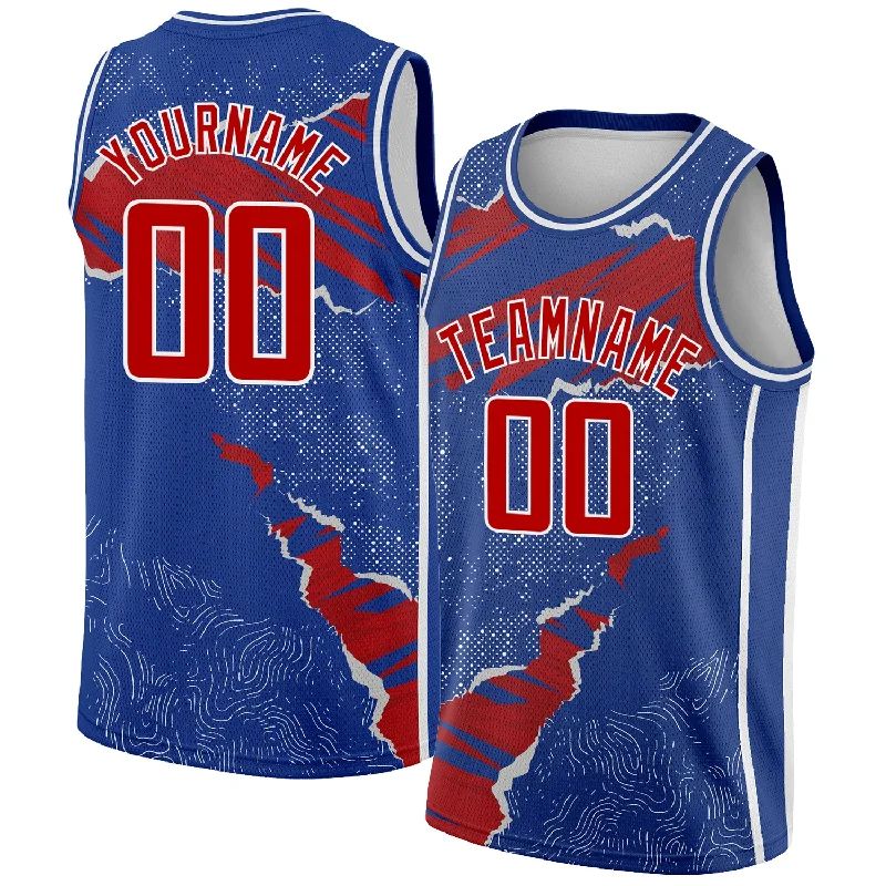 Custom Royal Red-White 3D Pattern Design Torn Paper Style Authentic Basketball Jersey