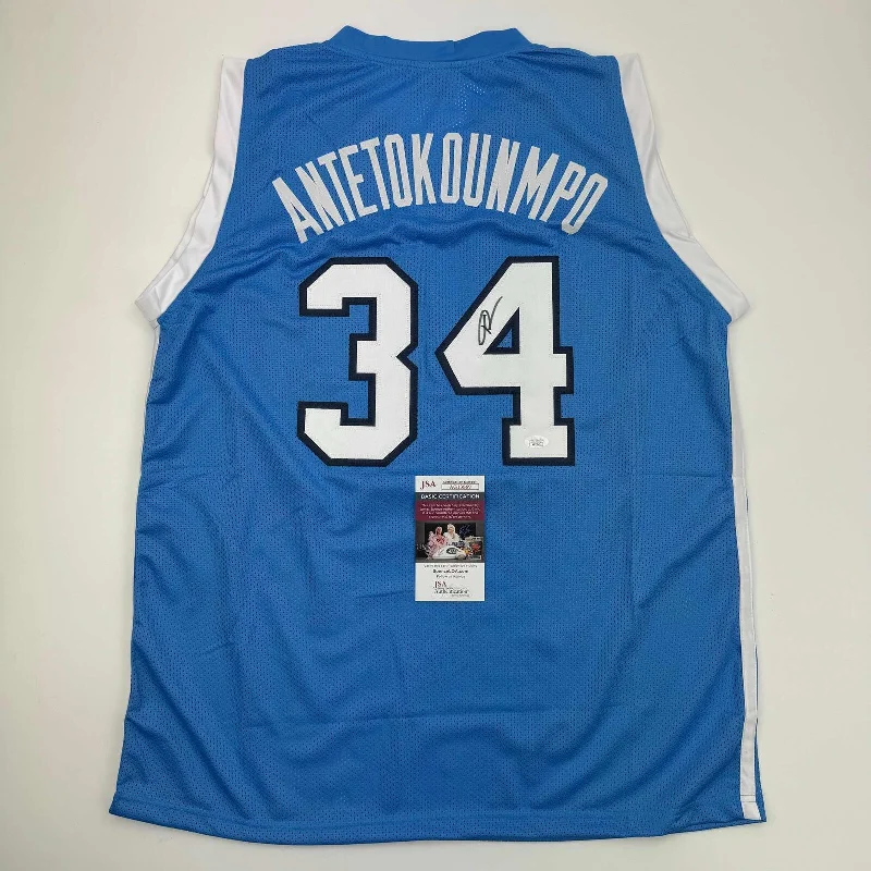 Autographed/Signed Giannis Antetokounmpo Greece Blue Basketball Jersey JSA COA