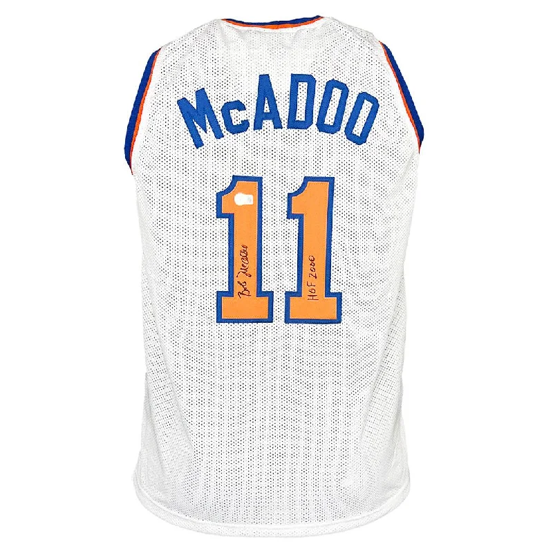 Bob McAdoo Signed HOF 2000 Inscription New York White Basketball Jersey (Beckett)