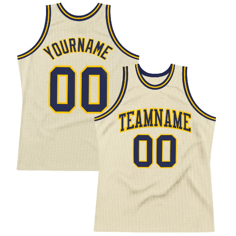 Custom Cream Navy-Gold Authentic Throwback Basketball Jersey