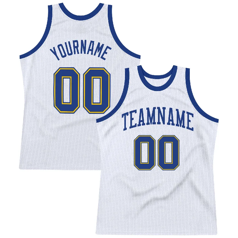 Custom White Royal-Gold Authentic Throwback Basketball Jersey