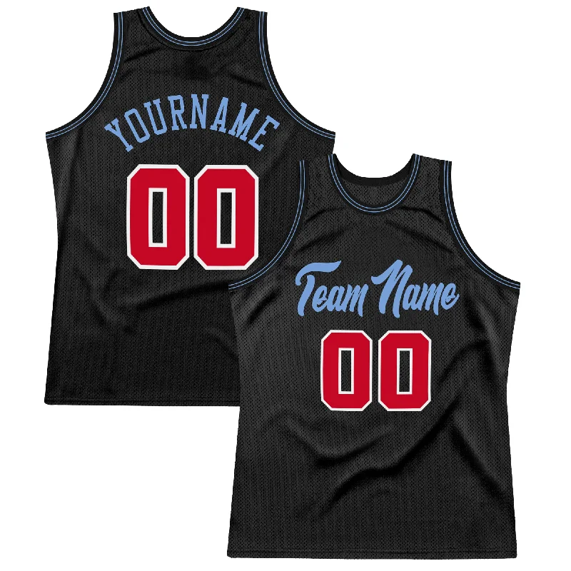 Custom Black Red-Light Blue Authentic Throwback Basketball Jersey