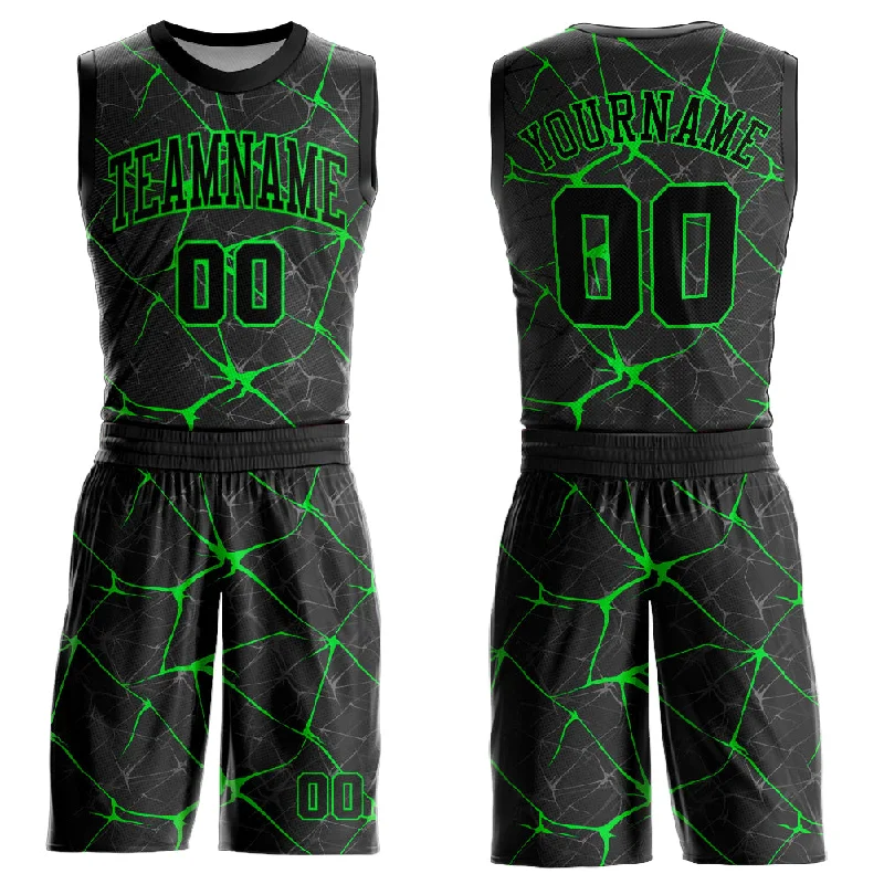 Custom Black Neon Green Round Neck Sublimation Basketball Suit Jersey