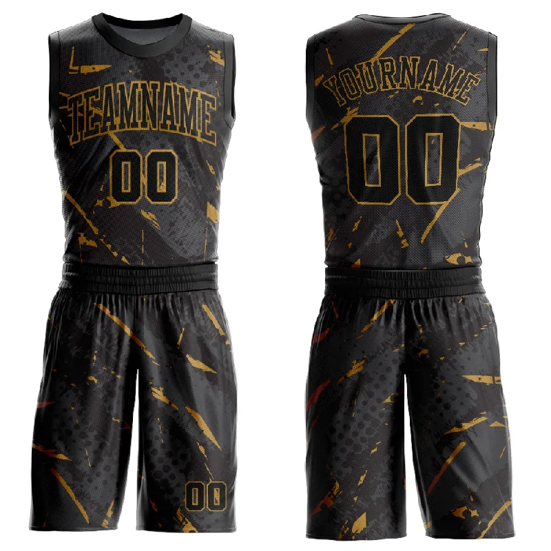 Custom Black Old Gold Bright Lines Round Neck Sublimation Basketball Suit Jersey