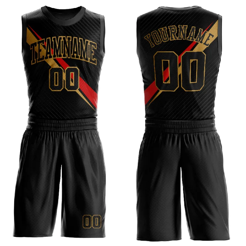 Custom Black Old Gold-Red Diagonal Lines Round Neck Sublimation Basketball Suit Jersey