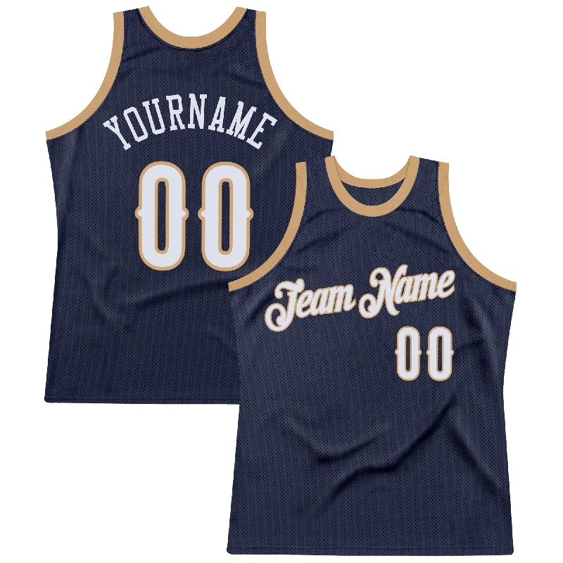 Custom Navy White-Old Gold Authentic Throwback Basketball Jersey