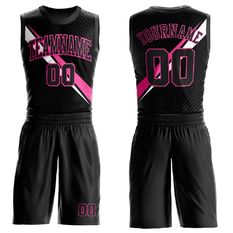 Custom Black Pink-White Diagonal Lines Round Neck Sublimation Basketball Suit Jersey