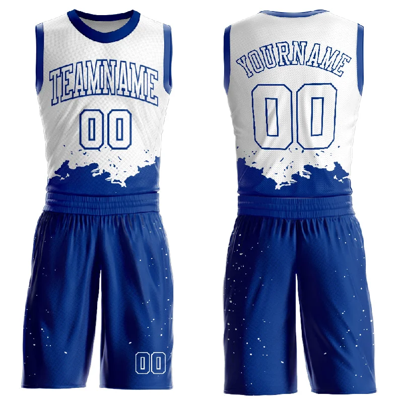 Custom White Royal Color Splash Round Neck Sublimation Basketball Suit Jersey