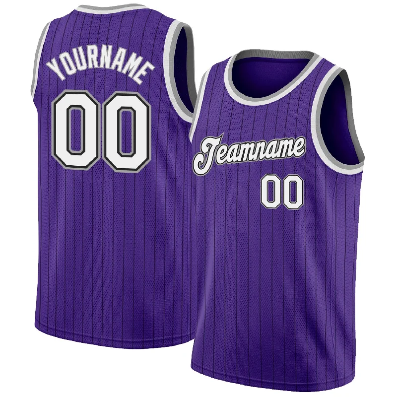 Custom Purple Black Pinstripe White-Gray Authentic Basketball Jersey