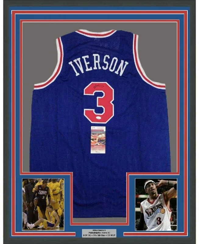 Framed Autographed/Signed Allen Iverson 35x39 Philadelphia Blue Jersey JSA COA