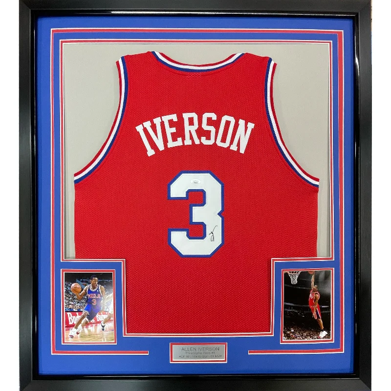 Framed Autographed/Signed Allen Iverson 35x39 Philadelphia Red Jersey JSA COA