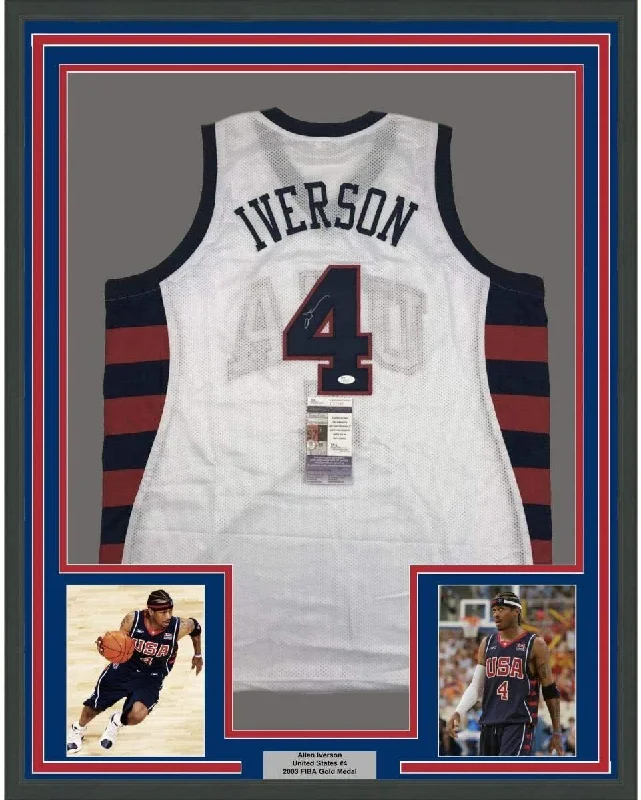 Framed Autographed/Signed Allen Iverson 35x39 United States White Jersey JSA COA