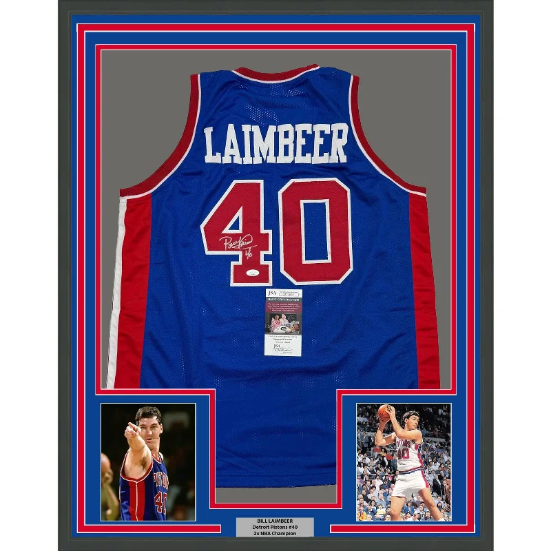 Framed Autographed/Signed Bill Laimbeer 35x39 Detroit Blue Jersey JSA COA