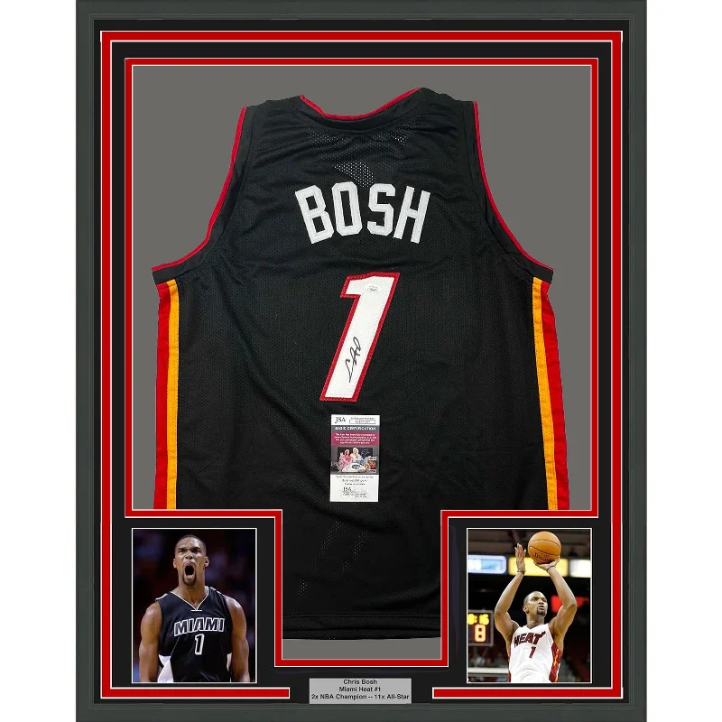 Framed Autographed/Signed Chris Bosh 35x39 Miami Black Basketball Jersey JSA COA