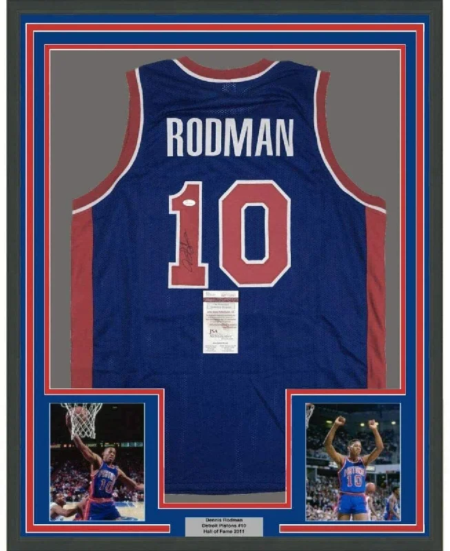 Framed Autographed/Signed Dennis Rodman 35x39 Detroit Blue Jersey JSA COA