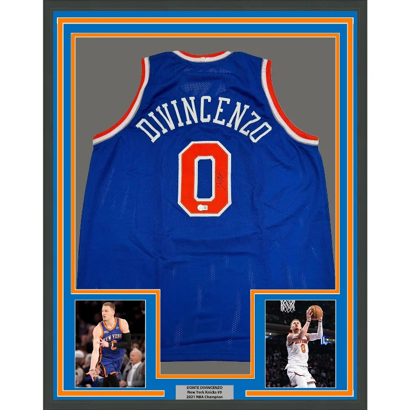 Framed Autographed/Signed Donte Divincenzo 35x39 New York Blue Jersey BAS COA