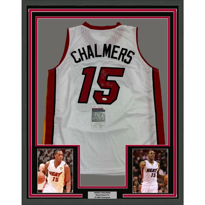 Framed Autographed/Signed Mario Chalmers 35x39 Miami White Jersey JSA COA