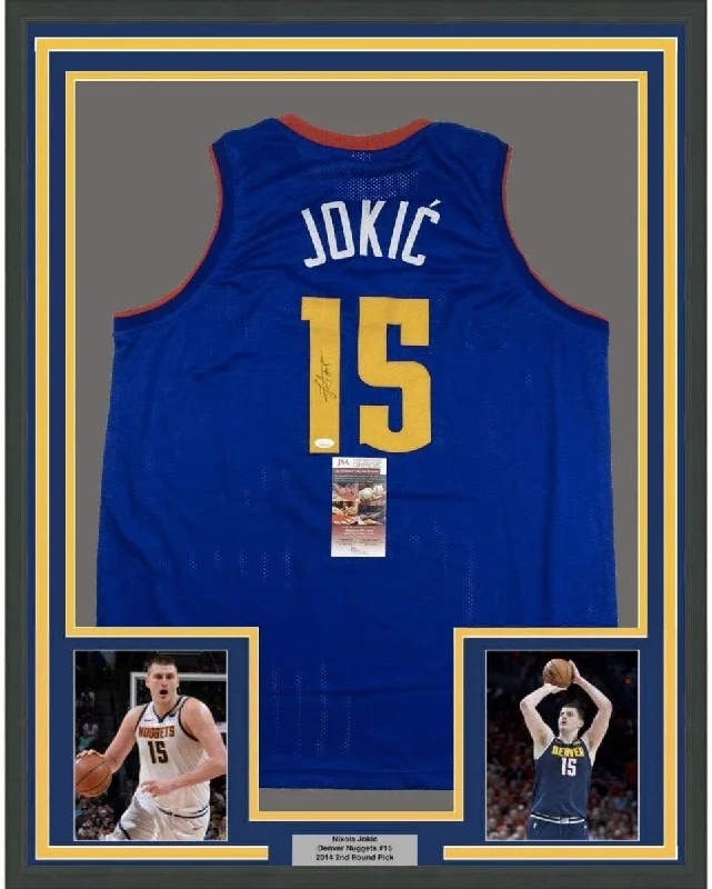 Framed Autographed/Signed Nikola Jokic 35x39 Denver Royal Blue Jersey JSA COA