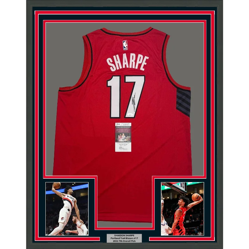 Framed Autographed/Signed Shaedon Sharpe 35x39 Portland Red Jersey JSA COA