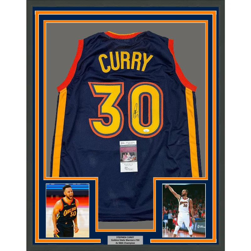 Framed Autographed/Signed Stephen Steph Curry 35x39 Navy Retro Jersey JSA COA