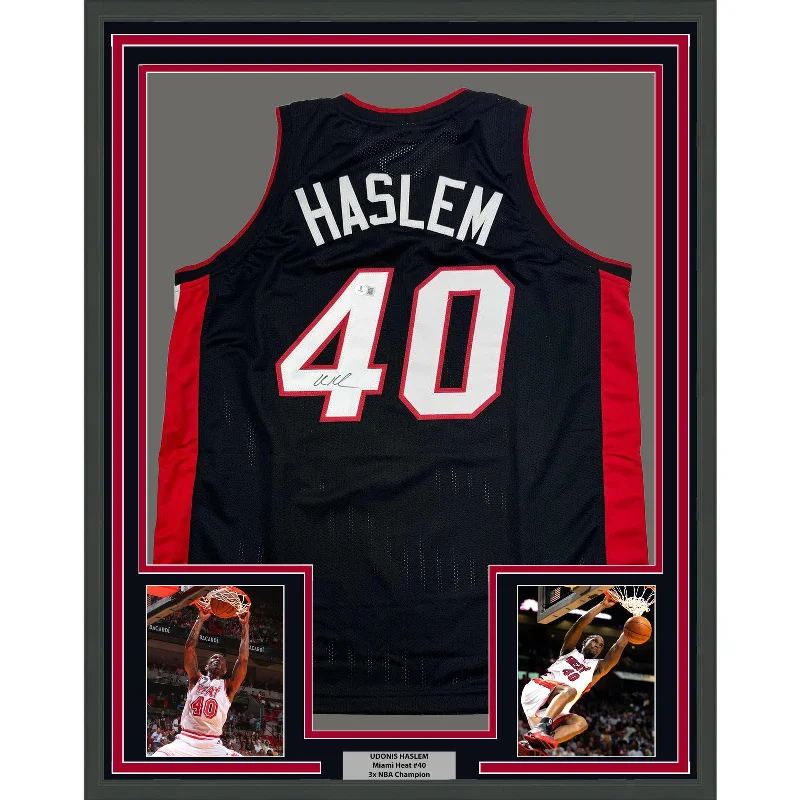 Framed Autographed/Signed Udonis Haslem 35x39 Miami Black Jersey BAS COA