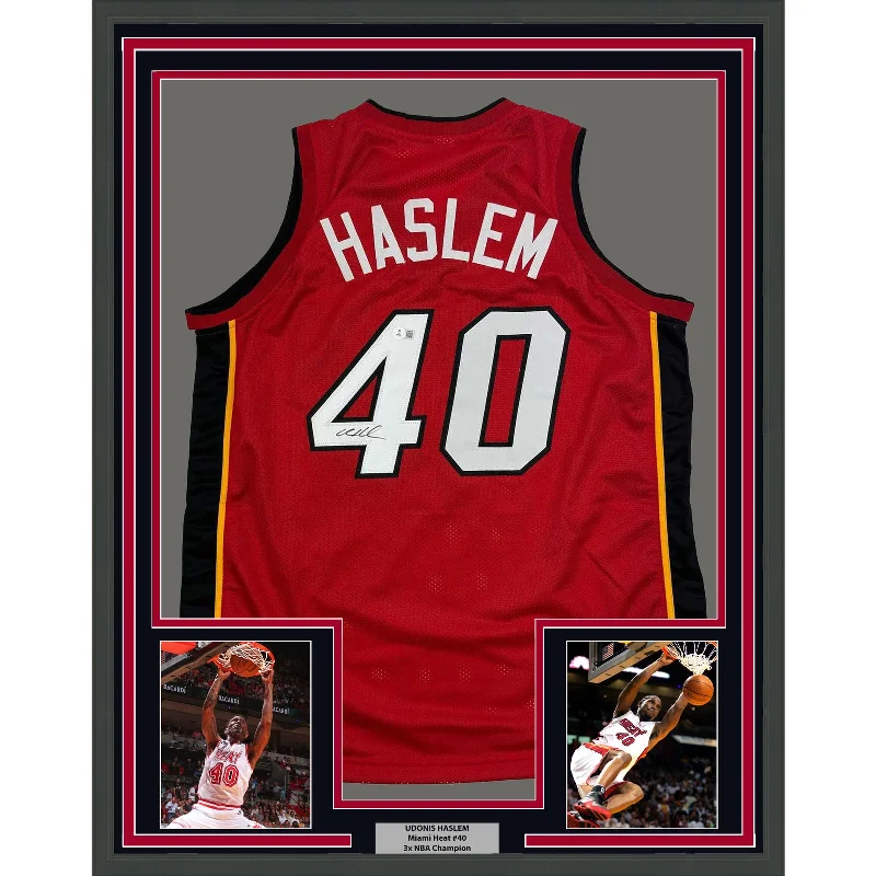 Framed Autographed/Signed Udonis Haslem 35x39 Miami Red Jersey BAS COA