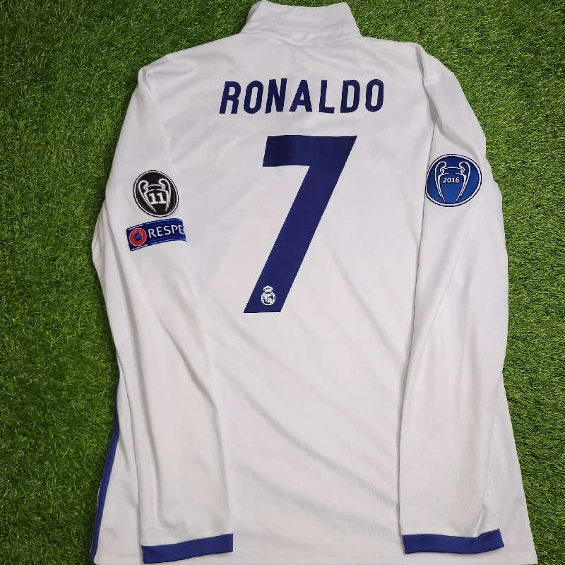 Cristiano Ronaldo Real Madrid 2016 2017 UEFA Home Long Sleeve Soccer Jersey Shirt M SKU# AI5184